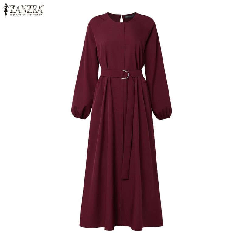 ZANZEA Women Casual Round Neck Solid Color Long Sleeve Loose Long Dress