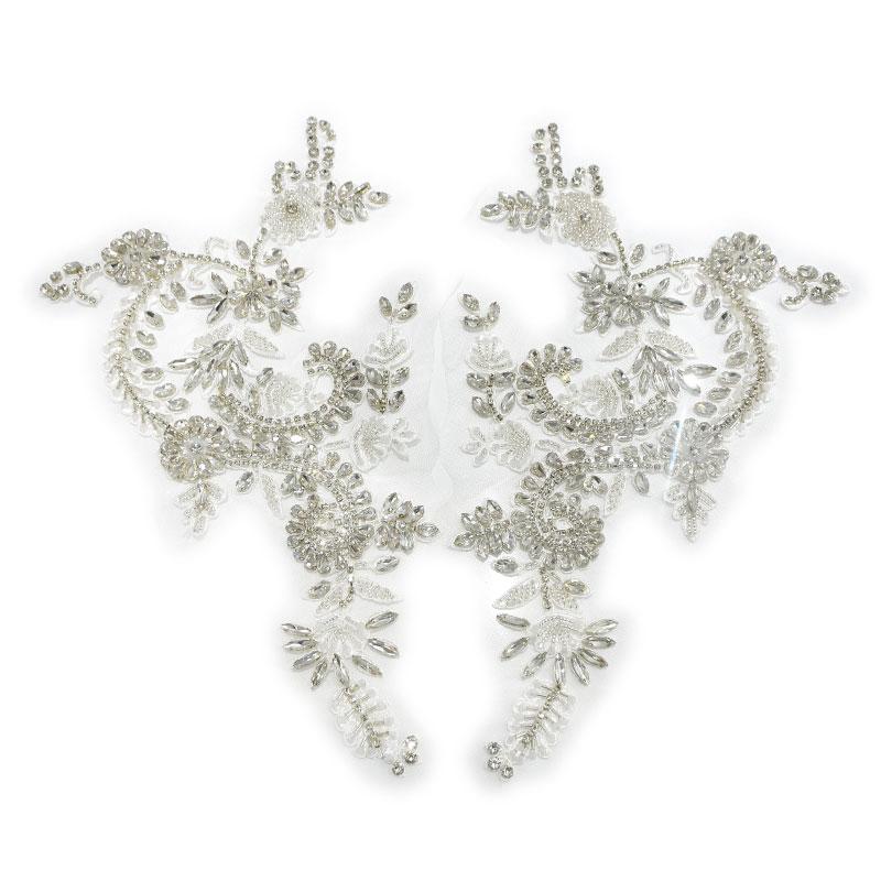 WDP-542 Crystal Flower Shoulder Patches Embroidery Bead Sewing Rhinestone Bodice Appliques for Bridal Gown Evening Dress 30*14cm белый