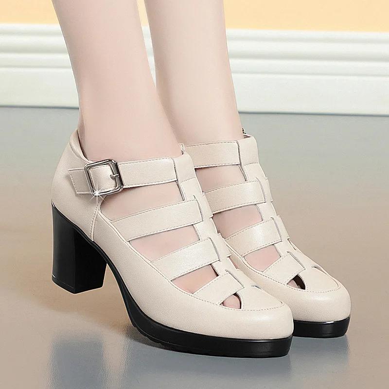 5.5cm 7cm Breathable Cutout Close Head Platform Shoes Soft Leather 2025 Summer Block Med Heels Gladiator Sandals for Office Mom