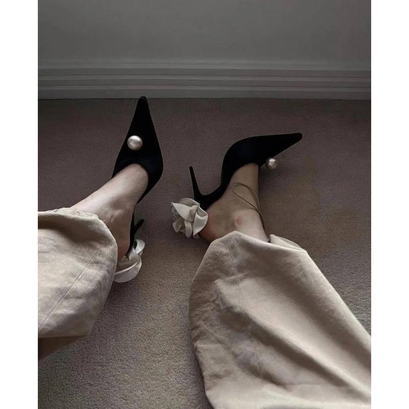 Fashion Black Satin High Heels Slippers New Spring and Summer Pearl High Heels Stiletto Heels Women's Stiletto Party White Rose Sandals