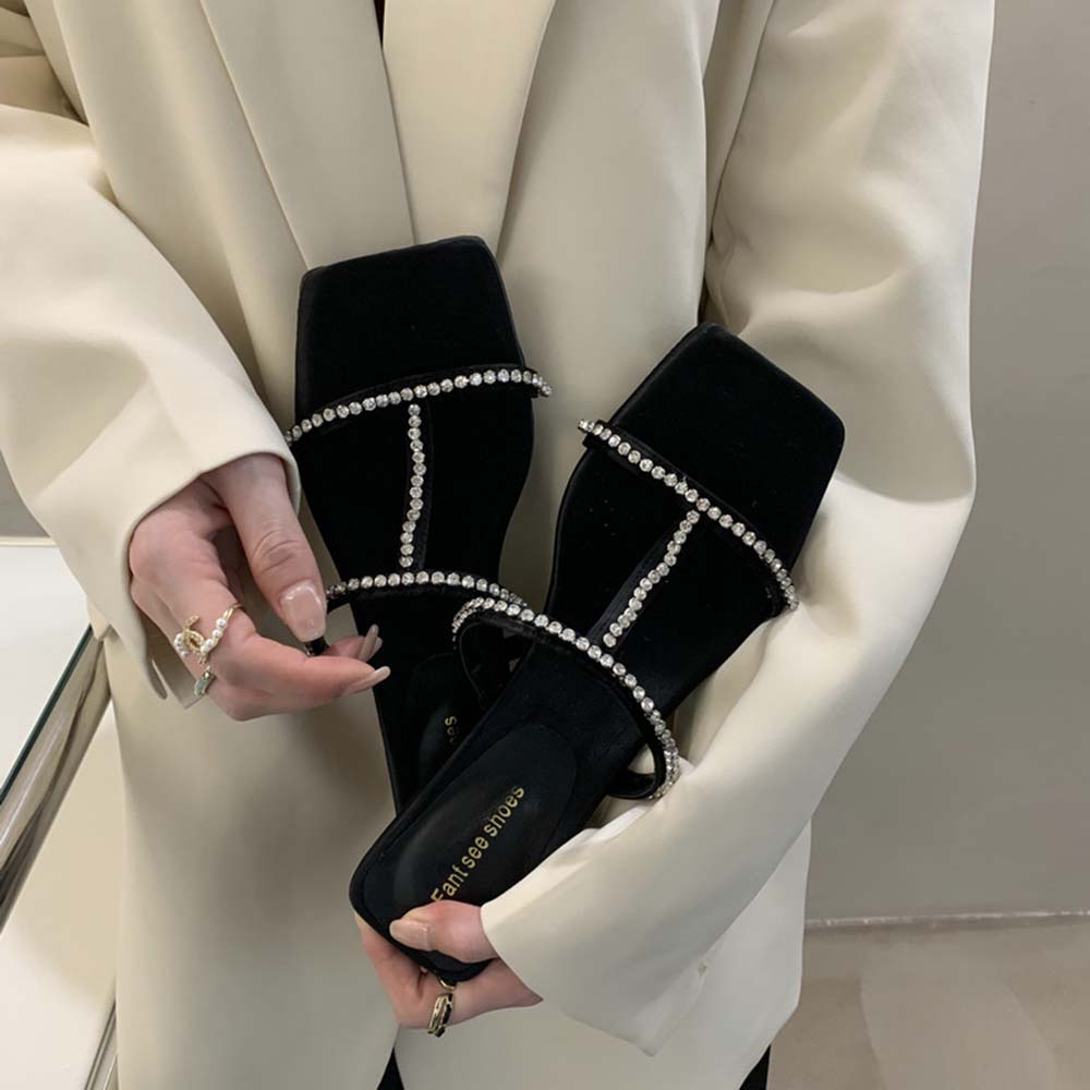 

Мода Открытый носок Женские шлепанцы Тапочки Черный Серебристый Розовый Лето Уличные мюли Туфли Низкий каблук Стразы Мелкие повседневные мюли Тонкие каблуки 5.5 чёрный