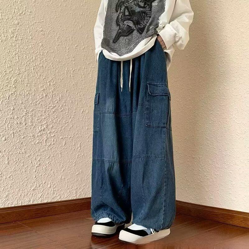 Men/Women Oversized Cargo Pants Vintage Drawstring Multiple Pockets Elastic Waist Solid Color Baggy Denim Pants Wide Leg Trouser