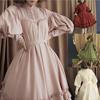 Damen Japanisches Lolita Cosplay Langarm Stehkragen Puffärmel Rüschensaum Locker Einfarbig Midi-Kleid