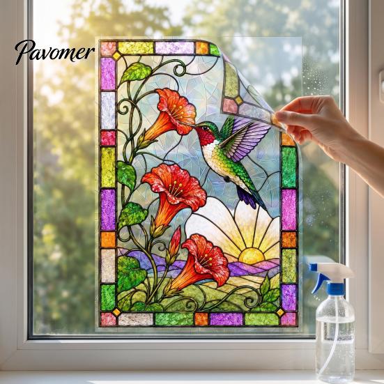 Bunte Blumen-Fensterfolie, Buntglas-Statikfolien, Kolibri-Blumen-Aufkleber, Abnehmbare Sichtschutz-Folien aus PVC für Haustür, Wintergarten