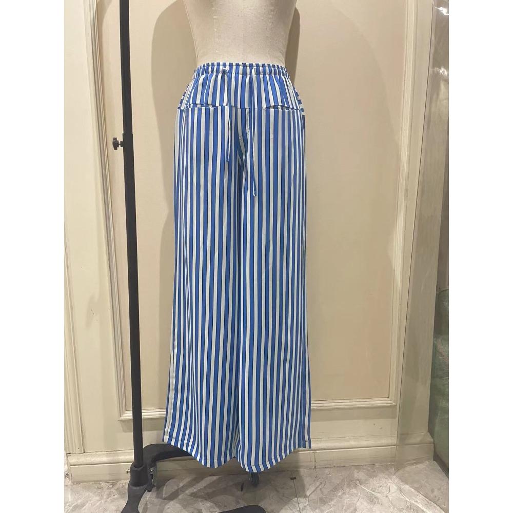 Women’s Drawstring Striped Wide-Leg Casual Trousers – Low-Waisted, Loose-Fitting Trousers