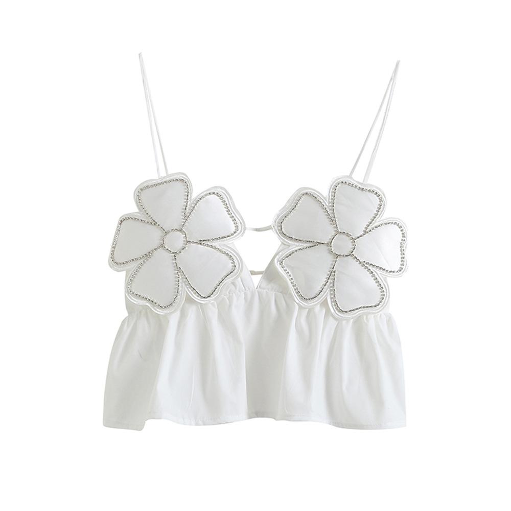 

Летняя женская новая стильная черная блестящая хлопковая блузка с цветочным декором, маленькая майка L белый