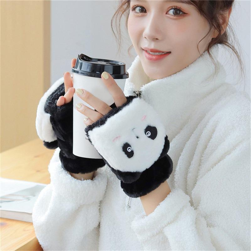 Women Plush Warm Glove Lovely Rabbit Cat Panda Mittens Flip Fingerless Glove Soft Girls Thick Gloves Flexible Half Finger Winter