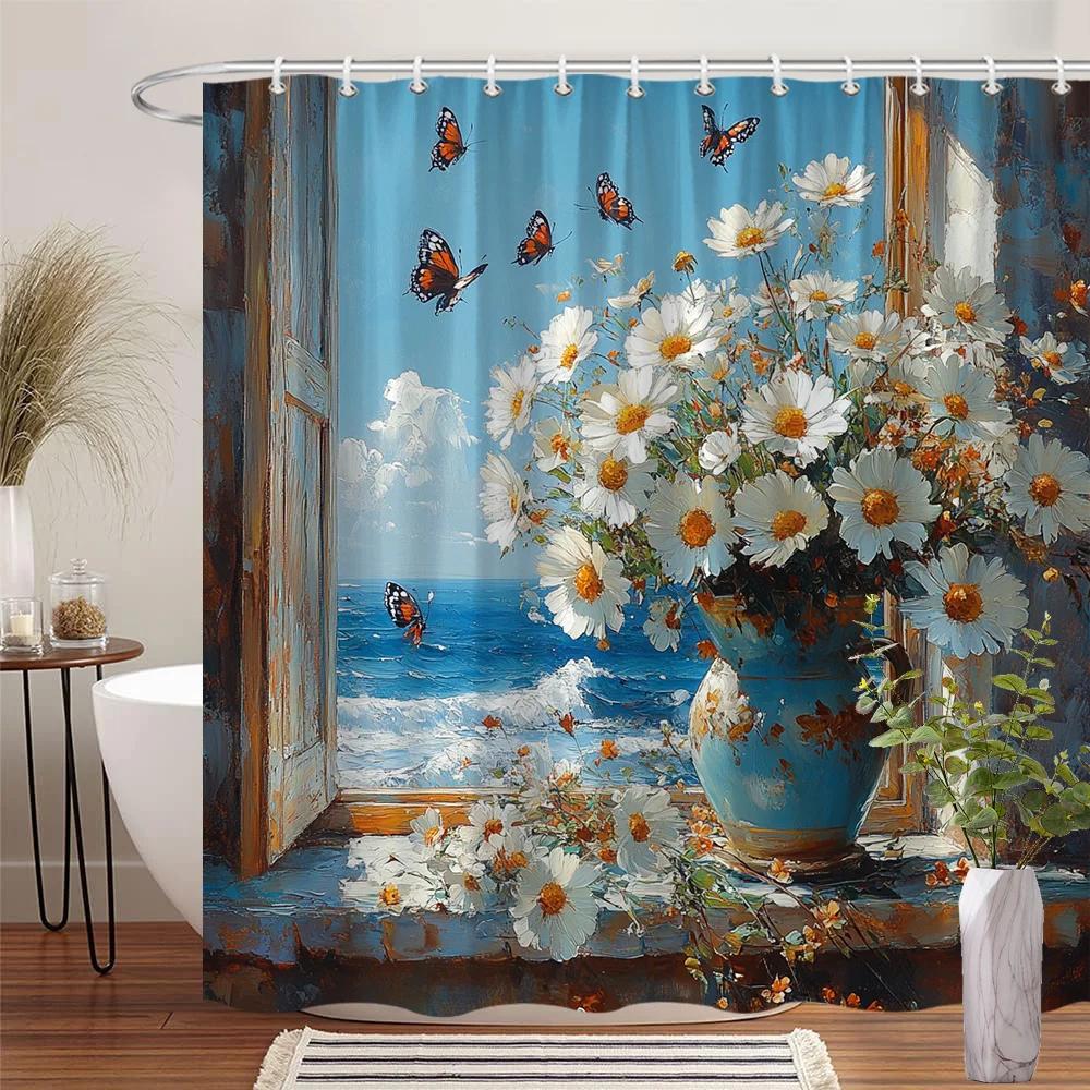 Coastal Shower Curtain - Blue Vase, White Daisies & Butterflies, Sunlit Ocean View, Polyester, Machine Washable, Beach Decor W60H190(CM)-1 Pcs