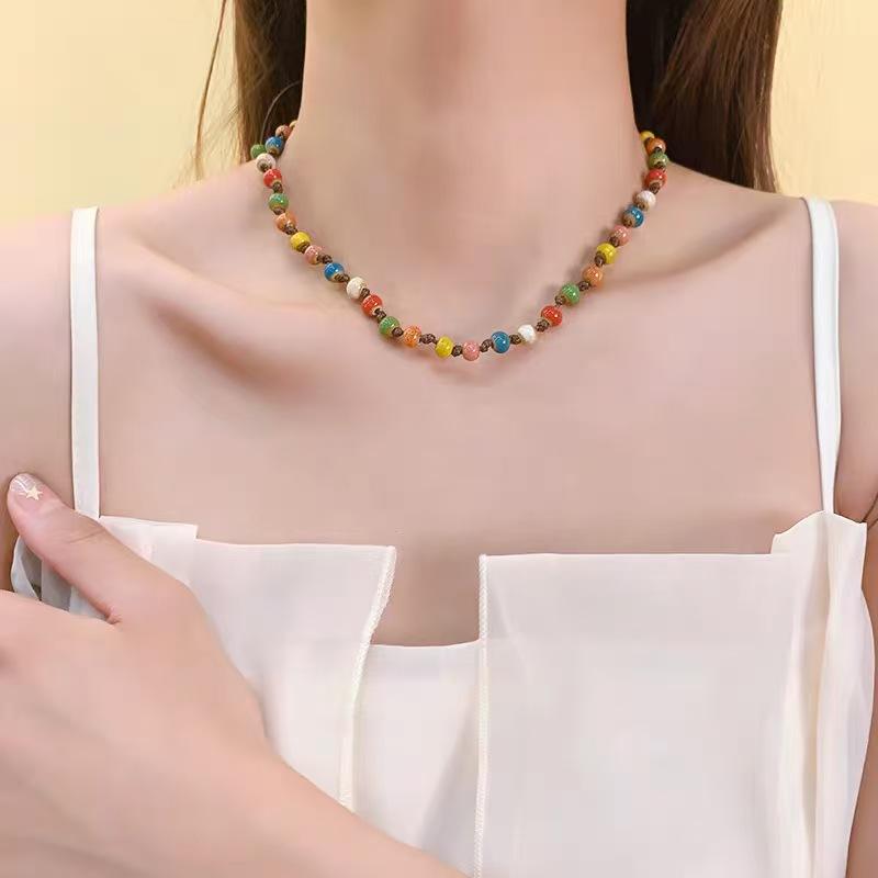 Niche design ins colorful dopamine rice beads beaded necklace femininity versatile collarbone neck chain jewelry