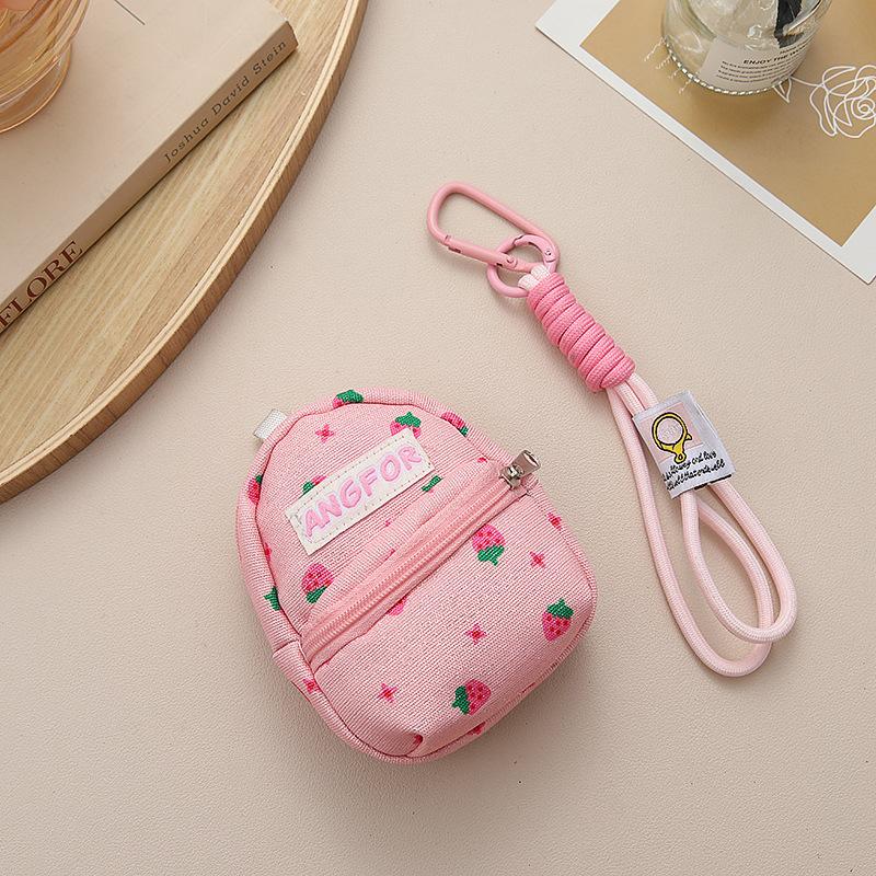 Strawberry Printed Backpack Coin Bag Cute Sweet Money Change Purse With Keychain Portable Earphone Storage Bag Wallet