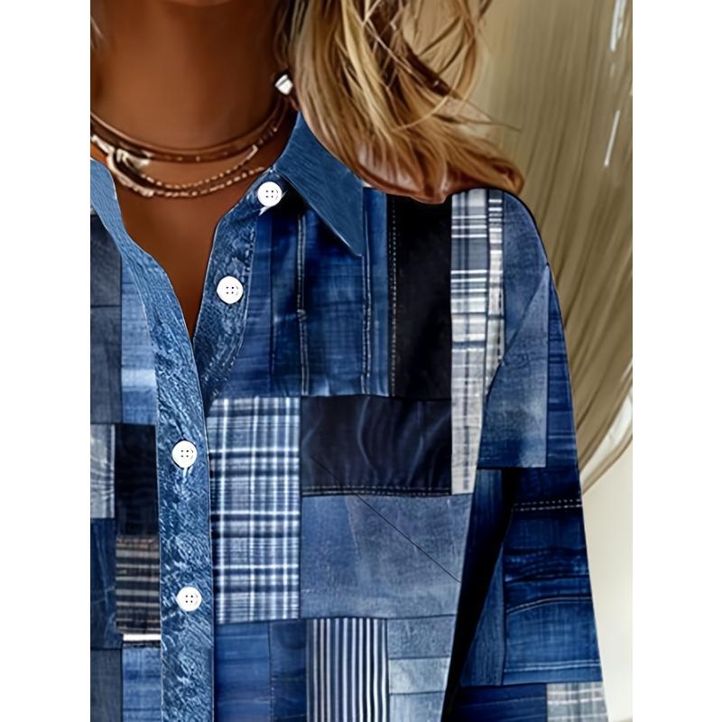 Casual Fashion Color Block Mottled Print Women'S Button Long-Sleeved Shirt Cardigan Top
