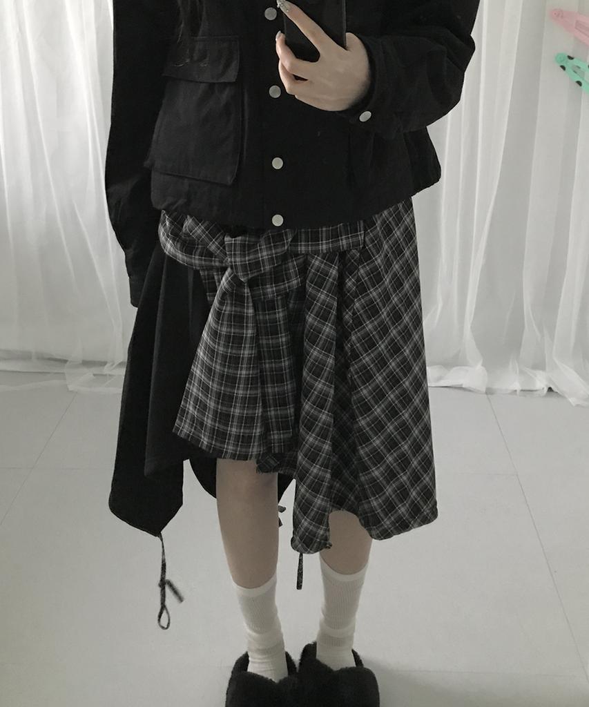 Some Place Check Asymmetrical Tie-Up Strap Flare Layered Midi Wrap Skirt _ 2 Colors