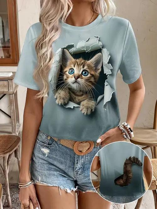 Süße Kätzchen T-Shirts Kawaii Katze 3D-Druck Sommer Damen Rundhals Kurzarm T-Shirt Harajuku Tees Y2k Tops Damenbekleidung