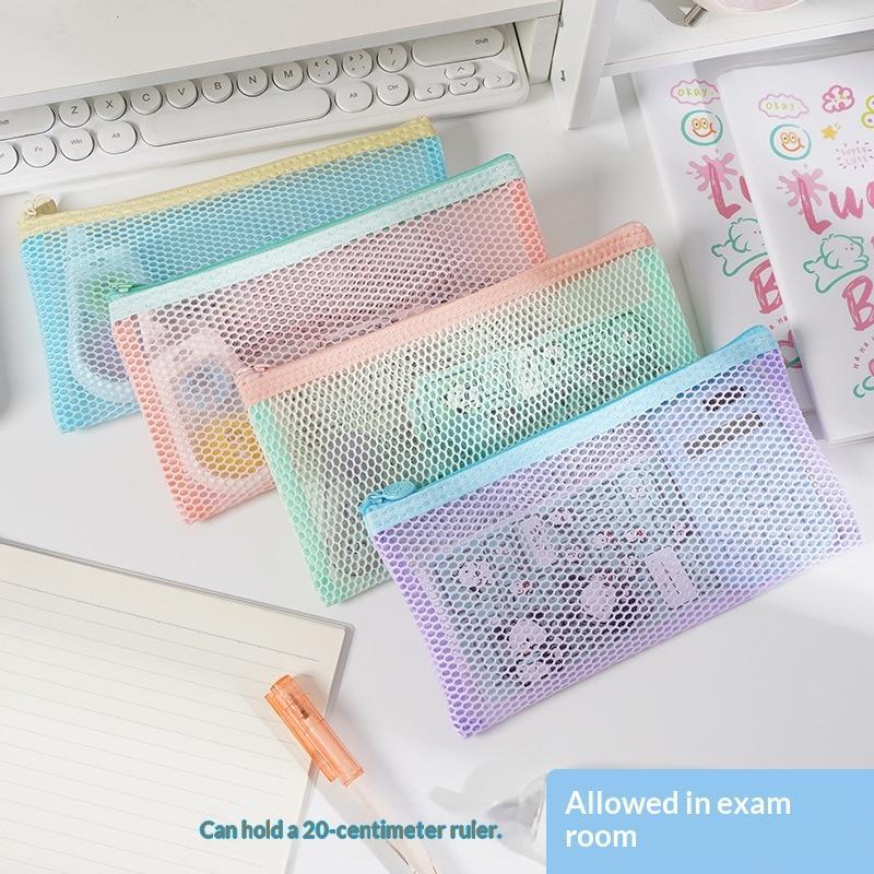 Pastel Transparent Mesh Zipper Pencil Pouch Heavy Duty Smooth Zipper Stationery Bag for School Exams Office Storage