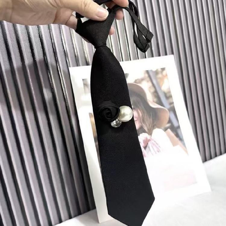 Elegant 3D Black Floral Necktie with Rhinestones Pearls Student Pre Tied Adjustable Ties Uniform School Shirt Necktie