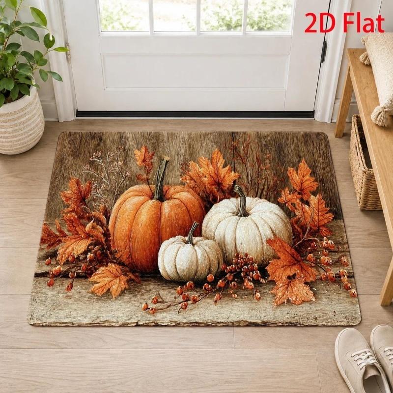 Retro Jack‑o'‑lantern Halloween Doormat, Autumn Vine Flower Printed Floor Rug, Indoor Holiday Decor