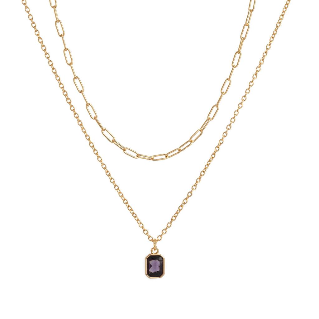 December Birthstone Double Layer Necklace: 18K Gold-Plated Rectangle Pendant