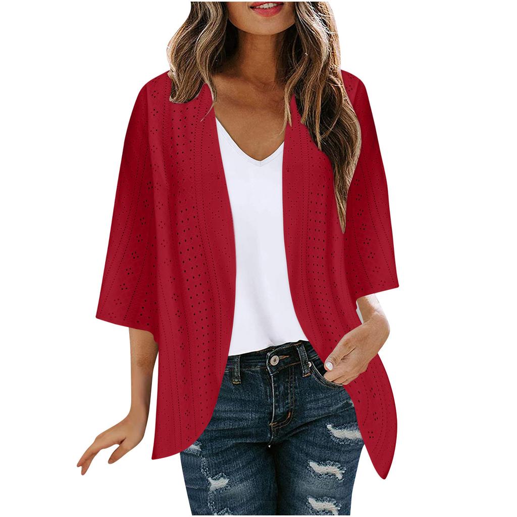 Veste Cardigan Décontractée Mode Femme à Manches Sept Partagées Couleur Unie