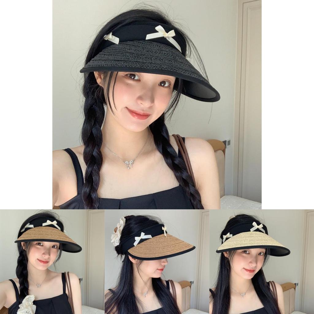 Summer Black Straw Wide Brim Hat For Women With Bow Adjustable For Outdoor Use