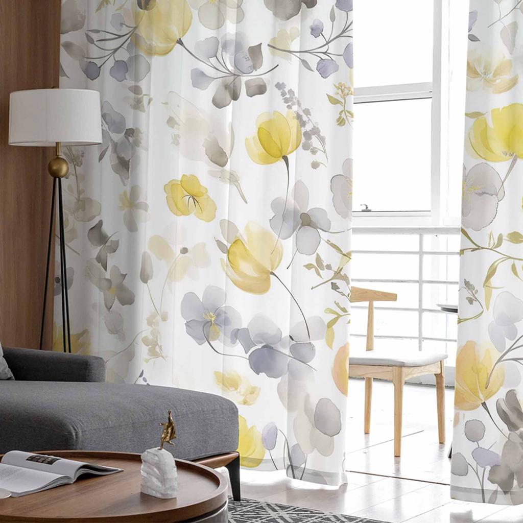 Yellow Flowering Plants Sheer Curtains Modern Gauze Curtain for Living Room Bedroom Voile Yarn Curtains