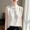 Spring and Summer New Design Traditional Chinese Style V-Neck Sleeveless Blouse with Embroidery and Female Snap Buttoned Flowy Top