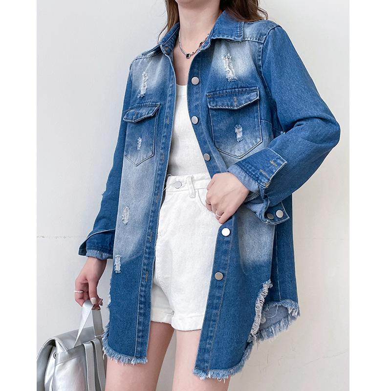 Zerrissene Jeansjacke Damen Herbst Winter Neue Vintage Button Up Langarm Mäntel Chic Umlegekragen Lose Jacke