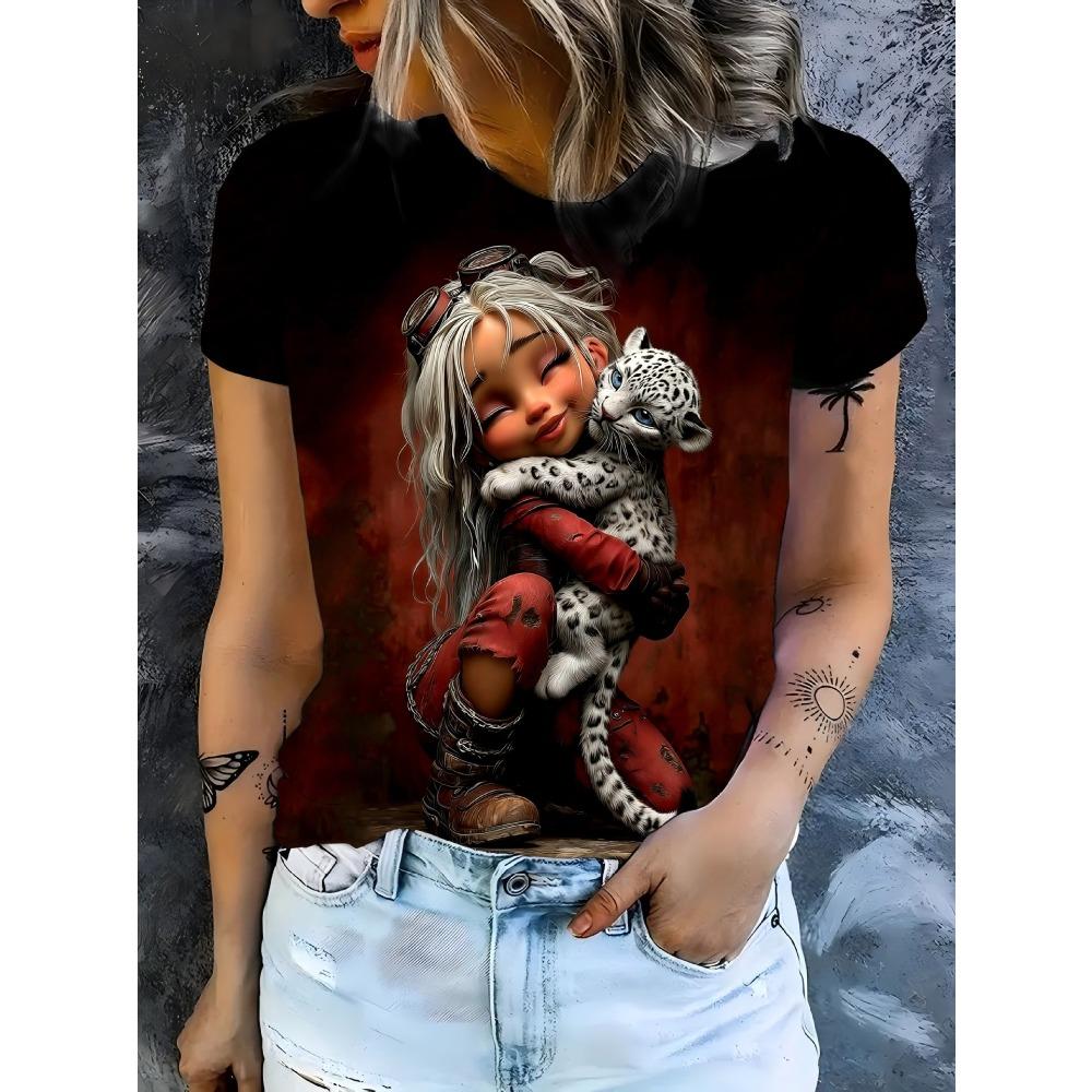 Summer Fashionable Round Neck Short Sleeved T-shirt Comfortable Breathable Creative Portrait 3d Printed Loose Women's Commuter Versatile T-shirt