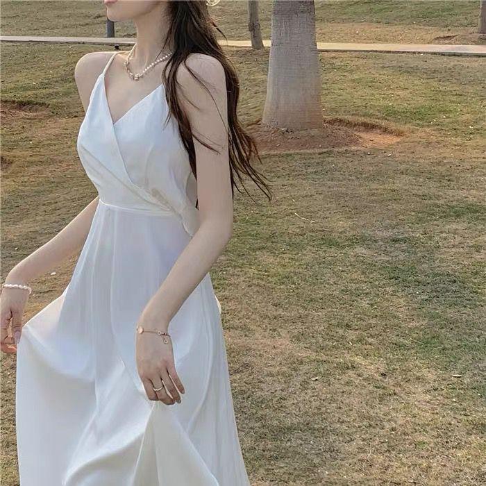 Sanya travel wear Internet celebrity suspender halter dress summer thin white fairy dress seaside vacation beach dress
