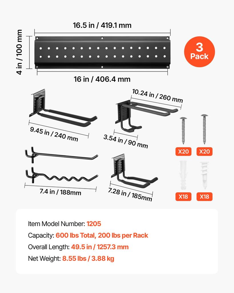 VEVOR Garage Tool Organizer 1257.3 Mm 272 Kg Wall Mount Garden Tool Rack