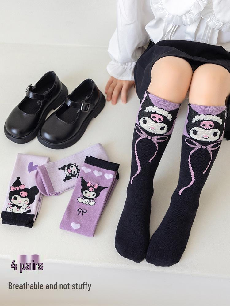 Children's Kuromi Cotton Knee-High Socks: Cartoon Calf Socks for Girls, Korean Style, Spring/Autumn, Mid-Calf.