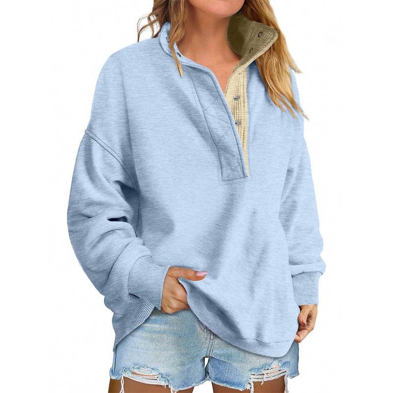 Women European Style Casual Loose Button V Neck Long Sleeve Pullover Sweatshirt
