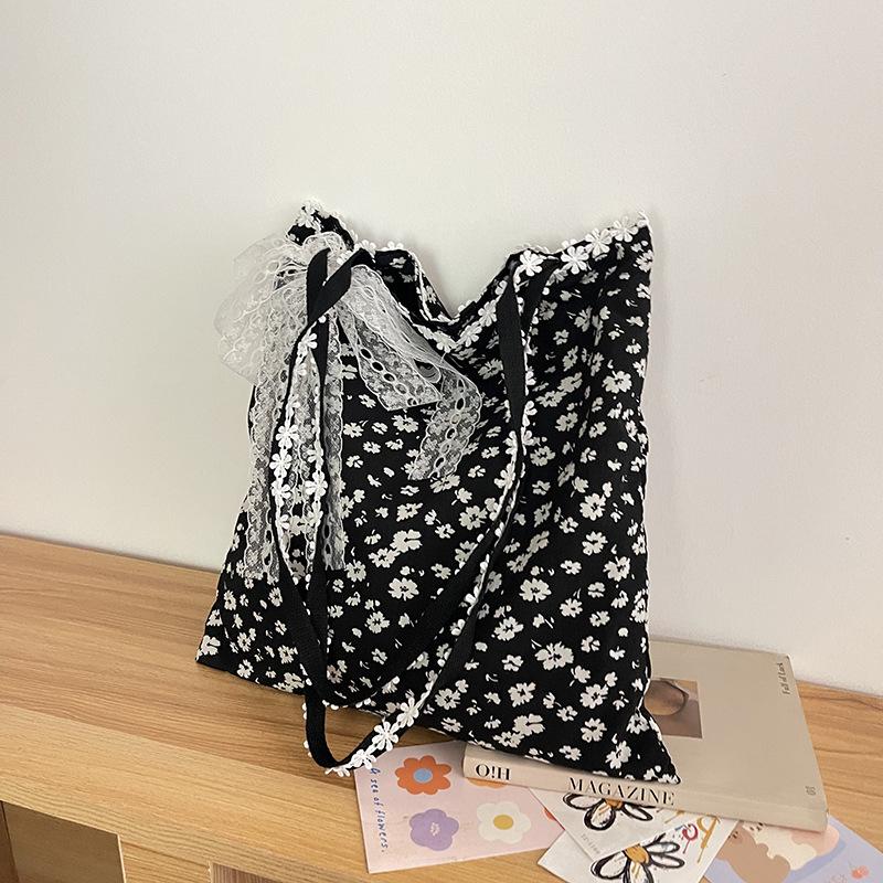 

Повседневная холщовая сумка с цветочным принтом, сумка подмышку, новая модная кружевная сумка-тоут 2025, большая вместительная сумка на плечо чёрный