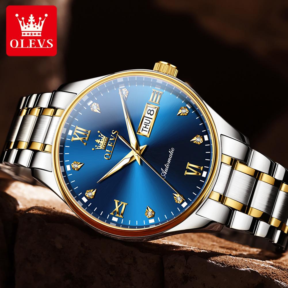 OLEVS brand fully automatic mechanical watch with diamond inlaid dual calendar mechanical men's watch 9955