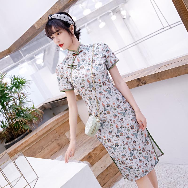 1011 summer new fashionable and elegant slim double-layer medium and long finch feather satin improved cheongsam dress diagonal placket