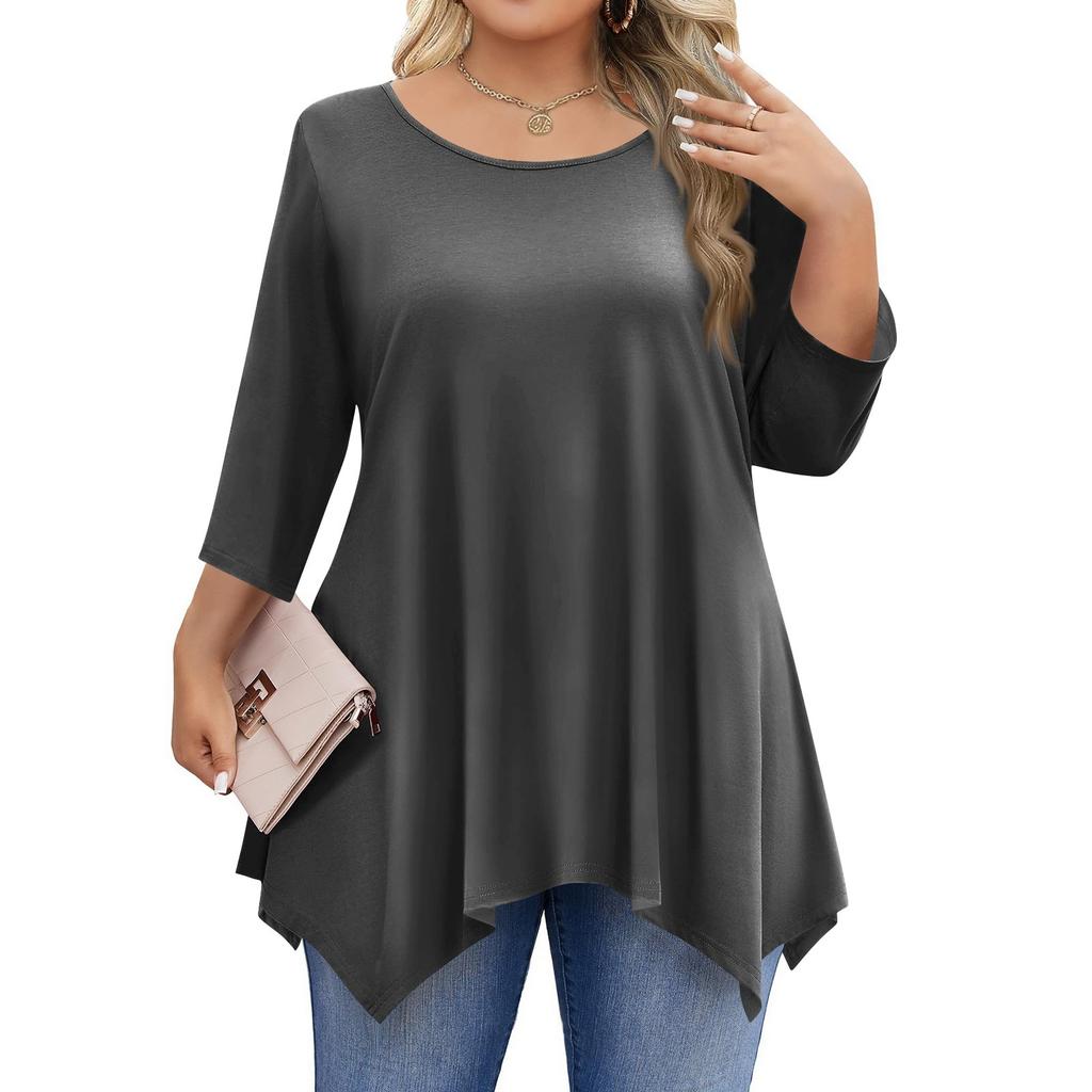 Womens Plus Size 3/4 Sleeve Shirts  Round Neck Tunic Tops Basic Loose Fit Tee Tops L-5XL