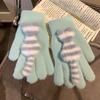Cute Striped Cat with Knitted Wool Gloves for Women In Winter Thickened Warmth and Cold Protection for Students Cycling
