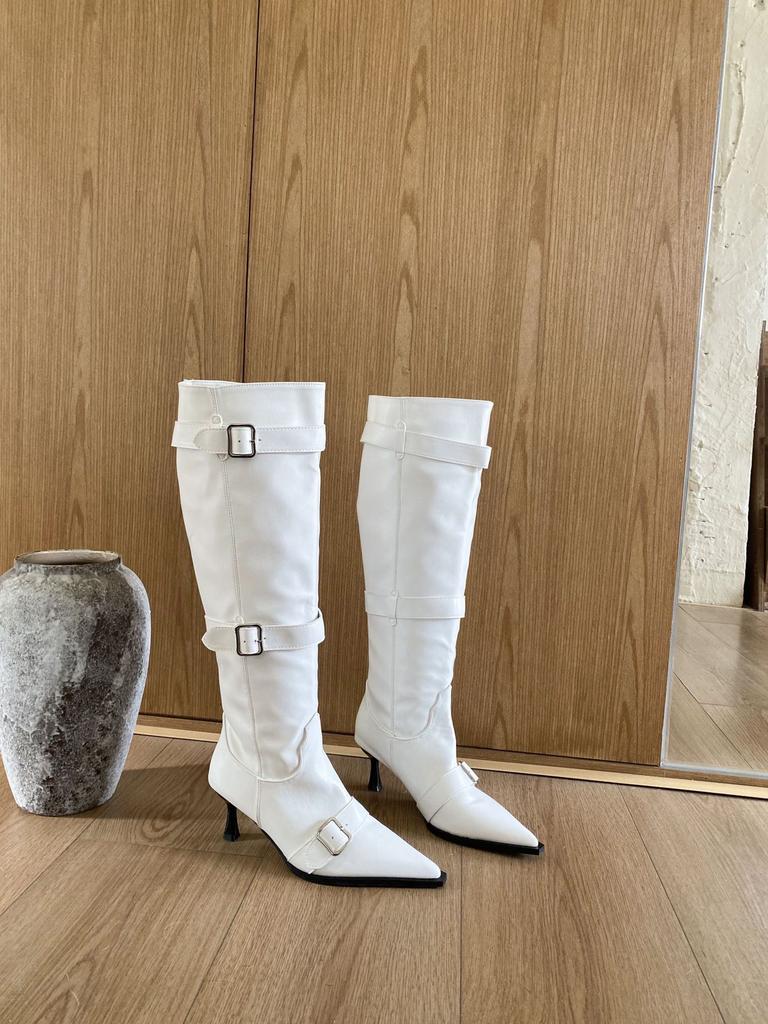 2025 autumn and winter new European and American style belt buckle pointed head thin heel high heel boots wide tube thin boots