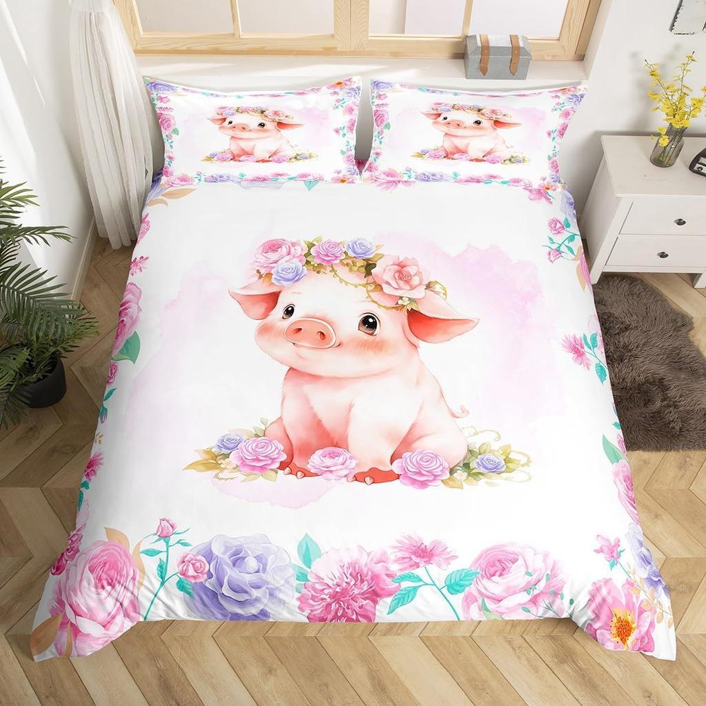 Cute Pig Duvet Cover Set Rose Flower Princess Bedding Set,Girls Women Room Decor,Cartoon Livestock Animal Rustic Comforter Cover