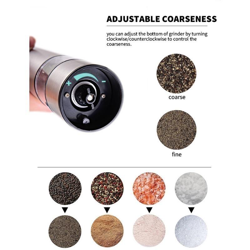 Nerezový mlýnek na pepř a sůl na baterie se světlem - Jednoruční tlačítkový šejkr na koření sůl a pepř