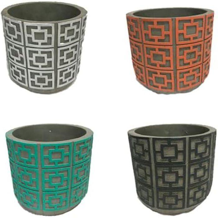 Pots de fleurs - LOLAHOME - Lot de 4 - Ciment gris foncé - Ronds ethniques - Ø 14 x 12 cm