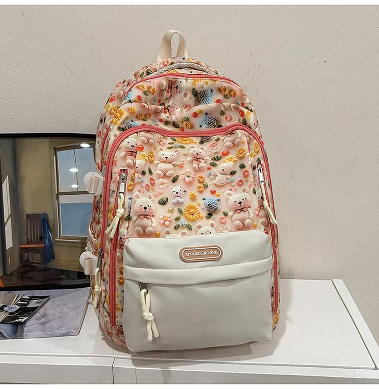 Large Student Capacity Backpack With Bear And Flower Print Design Daily For