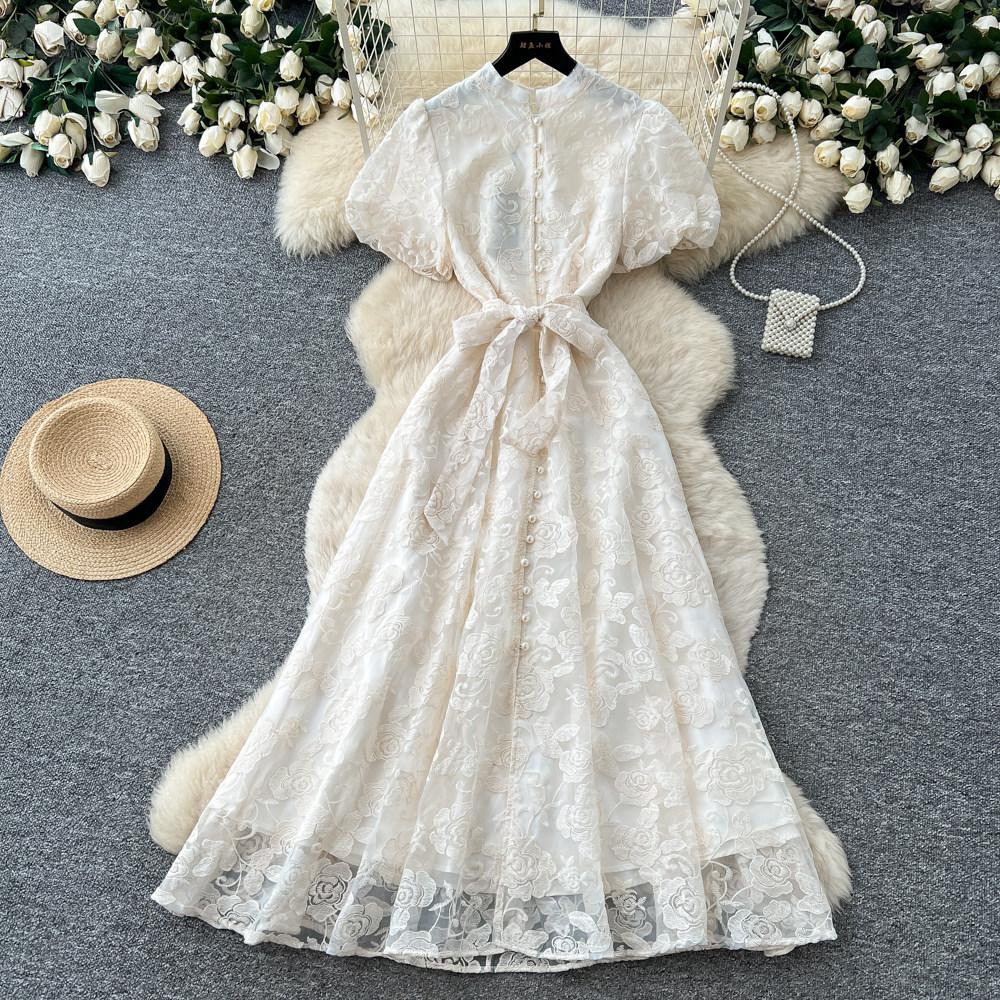 Elegant Lace Embroidered Dress Women's Summer High Waist A-shaped Skirt Commuter Temperament Long Dress Banquet Long Dress
