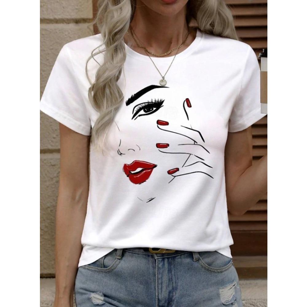 Fashion Women Retro Creative Red Lipped Portrait Print T Shirt Funny Casual O-neck Short Sleeves T-shirt Summer Female Tee Shirt