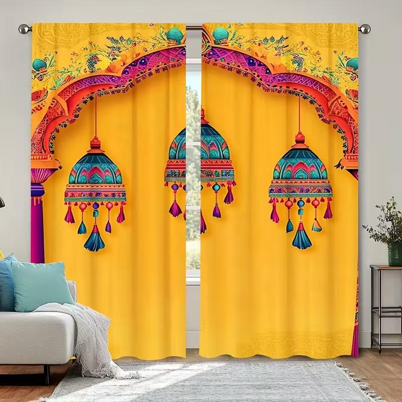 2PcsRetro patterned pendant print curtains,suitable for bedroom,living room kitchen decoration,home decoration,window decoration