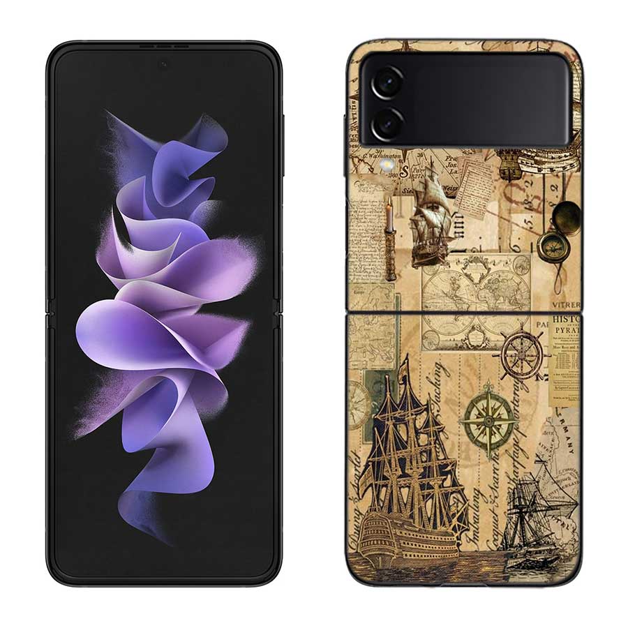 Compass Map Voyage Phone Case For Samsung Z Flip 7 6 5G Galaxy Z Flip 5 4 3 Black Hard Cell Cover Luxury PC Shell Coque