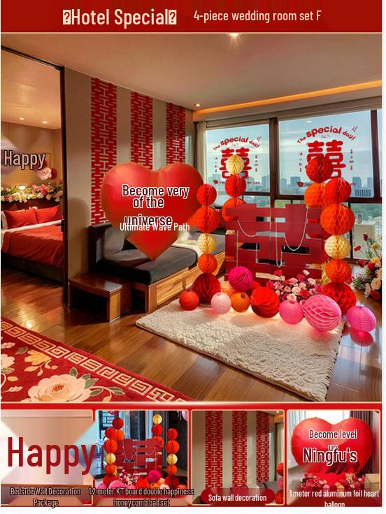 Ensemble de Décoration de Chambre de Mariage Nuptial avec Double Bonheur Sans Trace pour Hôtels et Salons
