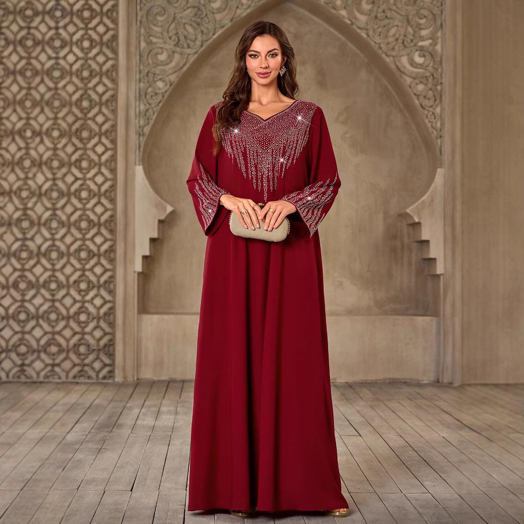 XQY500405 Middle East Women's Clothing, Fashion Hot Diamond V-Neck Casual Loose Dubai New Dress