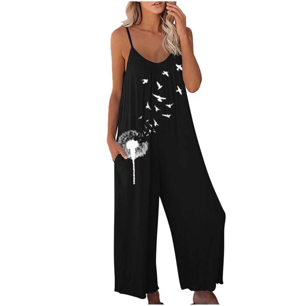 Mono sin mangas para mujer Casual Holgado Pierna ancha Mono Pantalón largo con bolsillos Tirantes finos ajustables Atuendo de verano