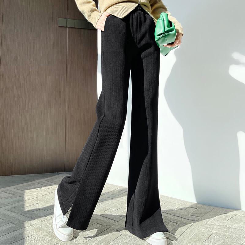 Women's Ribbed Fleece-Lined High-Waist Slit Flared Pants