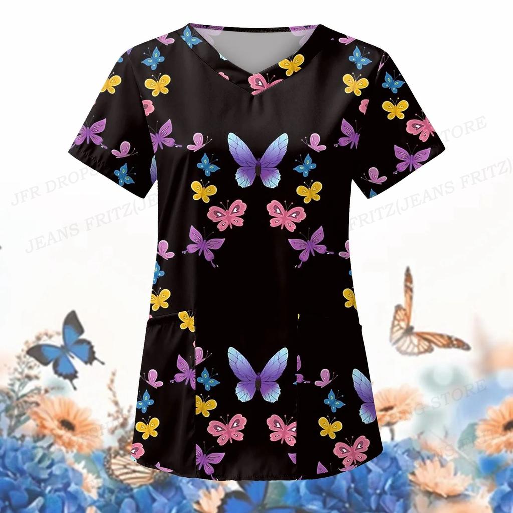 Dámská zdravotní uniforma Animal Butterfly s 3d výstřihem do V. Lékařské uniformy Harajuku ošetřovatelské peelingy Topy Uniforme enfermera Clinic